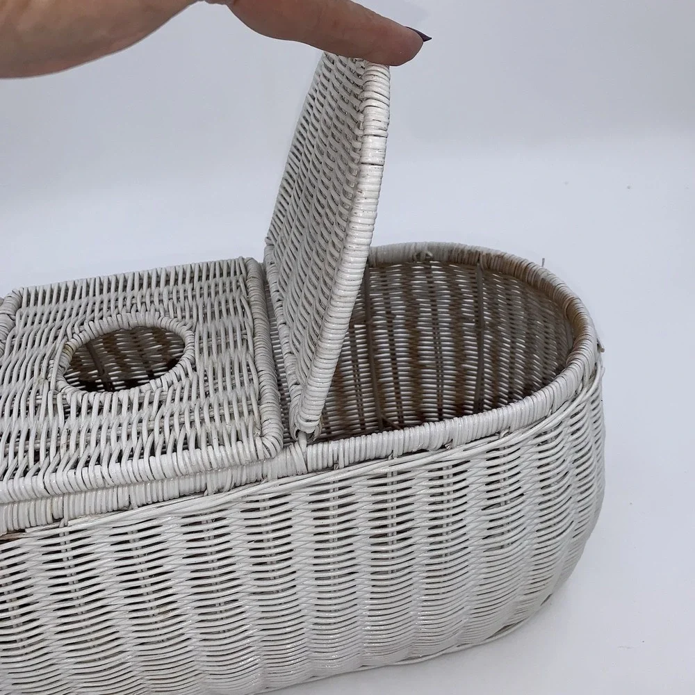 Vintage Handwoven Rattan Wicker 3 Part Tissue Basket White Storage Multipurpose
